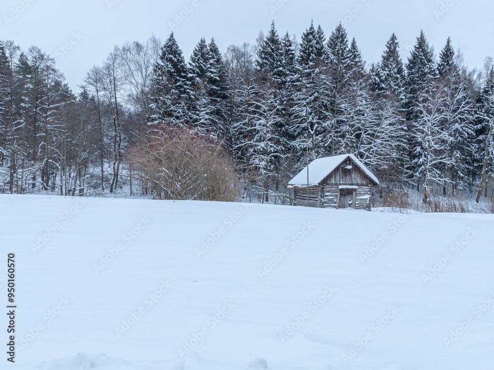 A small old log barn in the middle of a snowy winter field in the village. There are snow-covered trees behind the old barn. Landscape in winter in the countryside A small old log barn in the middle of a snowy winter field in the village. There are snow-covered trees behind the old barn. Landscape in winter in the countryside