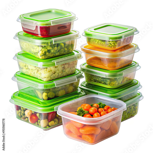 Clear plastic food storage containers with green lids hold vegetables like broccoli, cauliflower, peas, carrots, and tomatoes, stacked on a white background photo