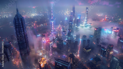 Envision the futuristic skyline of Shanghai, China, where glittering skyscrapers pierce the clouds and neon-lit streets pulse with the energy of a city on the cutting edge of innovation.