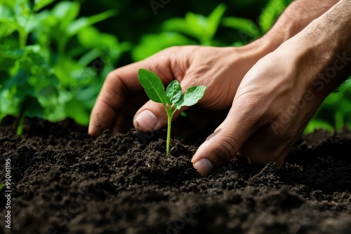 Hands Planting a Seedling: A close-up of hands planting a small seedling in rich, dark soil. The image should convey the hope and nurturing required to grow food, with a green, leafy background slight