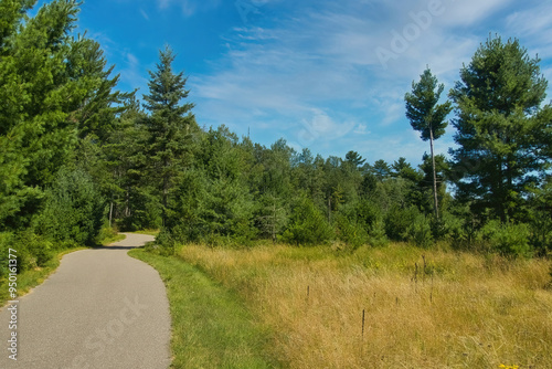 Sunny Summer landscape of a recreational trail passing through a field and pine forest near Sayner, Wisconsin. photo