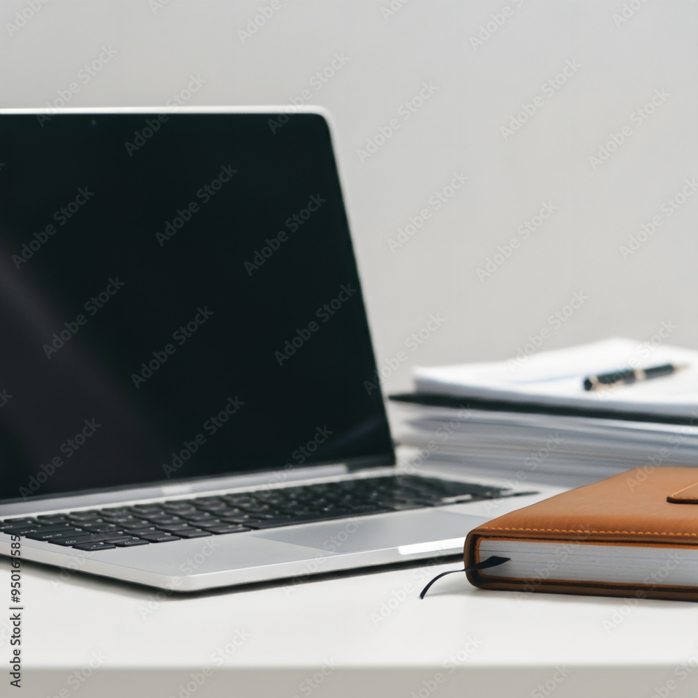 Open laptop with a closed screen and a notebook on an office desk minimalistic workspace organization Open laptop with a closed screen and a notebook on an office desk minimalistic workspace organization