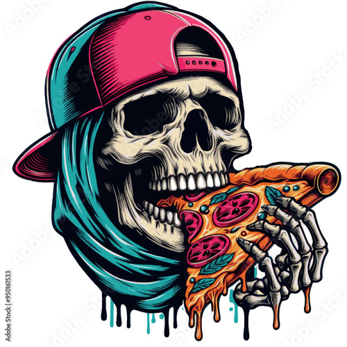 Vector T-Shirt Design a Skull eats a Pizza