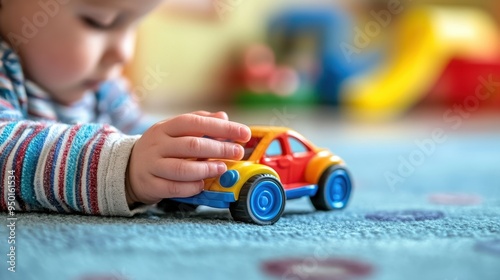 Bright Toy Fun - Close-up of Preschool Boy's Hands Holding Colorful Car in Cozy Playroom