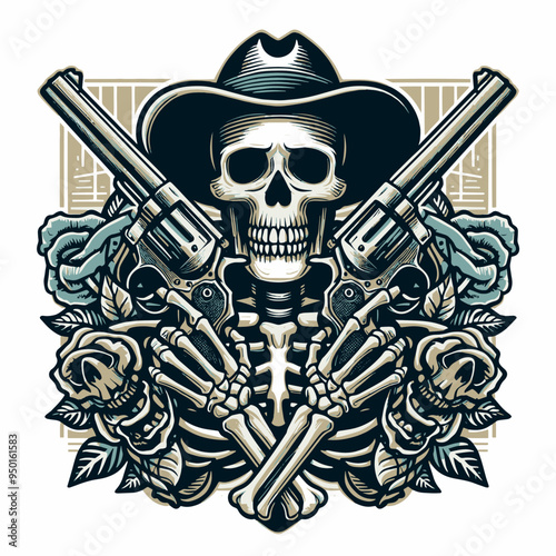 Vector tshirt design a skull with a cowboy hat and guns