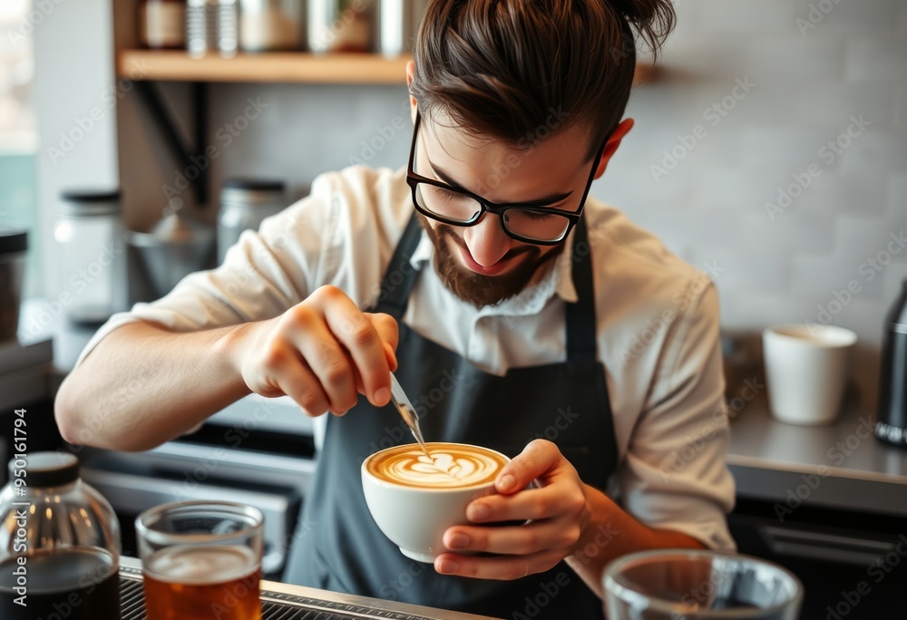 Barista creating latte art with a look of concentration and joy