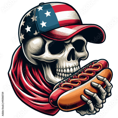 Vector Shirt Design a skull with a hat that american flag on it eats hotdog