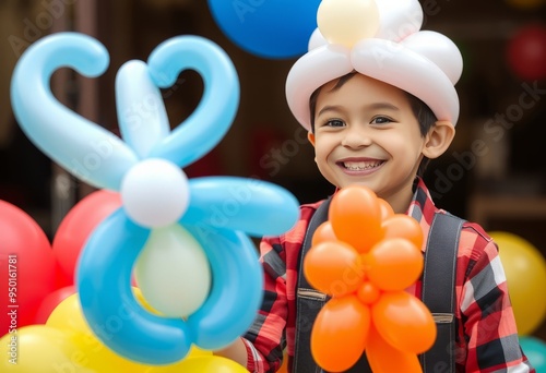Balloon artist creating shapes with a whimsical childlike grin