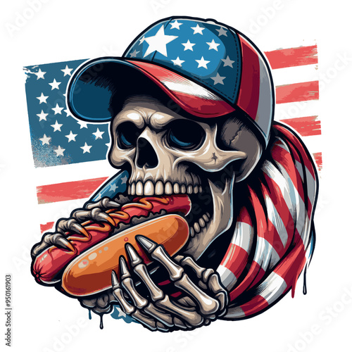 Vector Shirt Design a skull with a hat that american flag on it eats hotdog