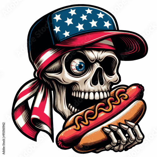 Vector Shirt Design a skull with a hat that american flag on it eats hotdog