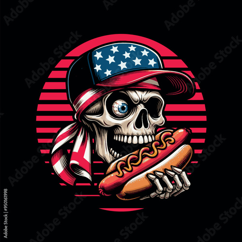 Vector Shirt Design a skull with a hat that american flag on it eats hotdog