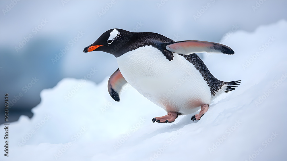 Fototapeta premium Penguin Swimming in Icy Antarctic Waters Against Snowy Backdrop