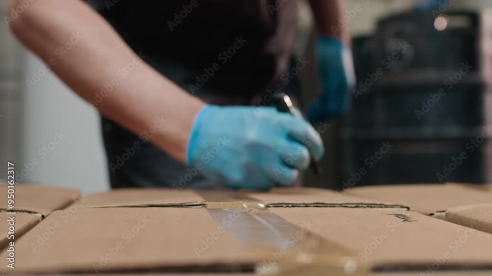 Cropped shot of unrecognizable warehouse worker wearing nitrile gloves writing notes on cardboard boxes before sending them to delivery Cropped shot of unrecognizable warehouse worker wearing nitrile gloves writing notes on cardboard boxes before sending them to delivery
