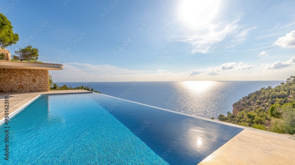 Fototapeta premium A luxury villa in Mallorca with an infinity pool, offering panoramic views of the Mediterranean Sea, with the modern architecture shining under the sun.