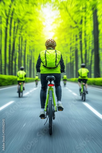 People commuting on electric bikes in a green urban environment