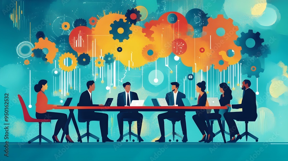 Illustration of diverse people sitting around a table, working together on a project with gears and abstract shapes in the background representing innovation, a business team work concept