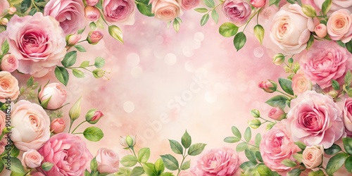 A beautiful floral background with soft pink roses and green leaves for wedding invitations, greeting cards, Valentine's and Mothers's day, frame with copy space in the middle