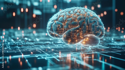 Wallpaper Mural Illustration of human brain in a network of interconnected lines and nodes, resembling a circuit board. Digital landscape background, depicting connection between human intelligence and technology. Torontodigital.ca