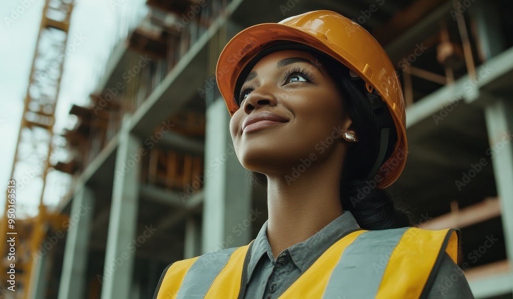 Black woman wearing a construction helmet and vest, smiling at something in the distance Black woman wearing a construction helmet and vest, smiling at something in the distance