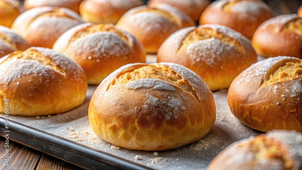 Realistic stock photo of a pile of freshly baked round bread rolls on a rustic baking sheet, golden brown with a soft and smooth surface, simple wooden table background Realistic stock photo of a pile of freshly baked round bread rolls on a rustic baking sheet, golden brown with a soft and smooth surface, simple wooden table background
