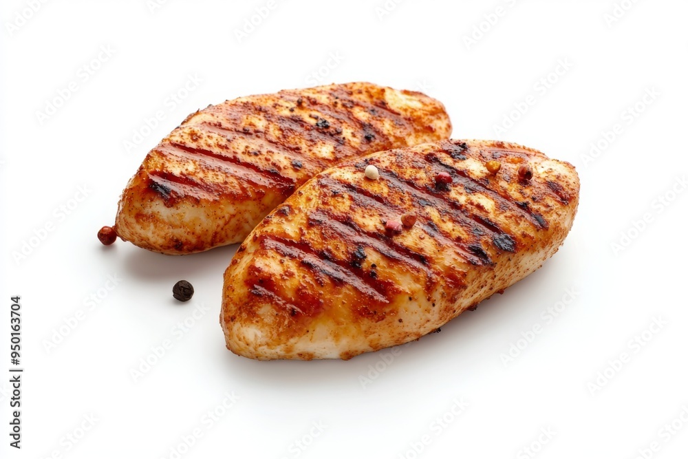 tender grilled chicken breast isolated on white, with a subtle smoky effect and a sprinkle of paprika tender grilled chicken breast isolated on white, with a subtle smoky effect and a sprinkle of paprika
