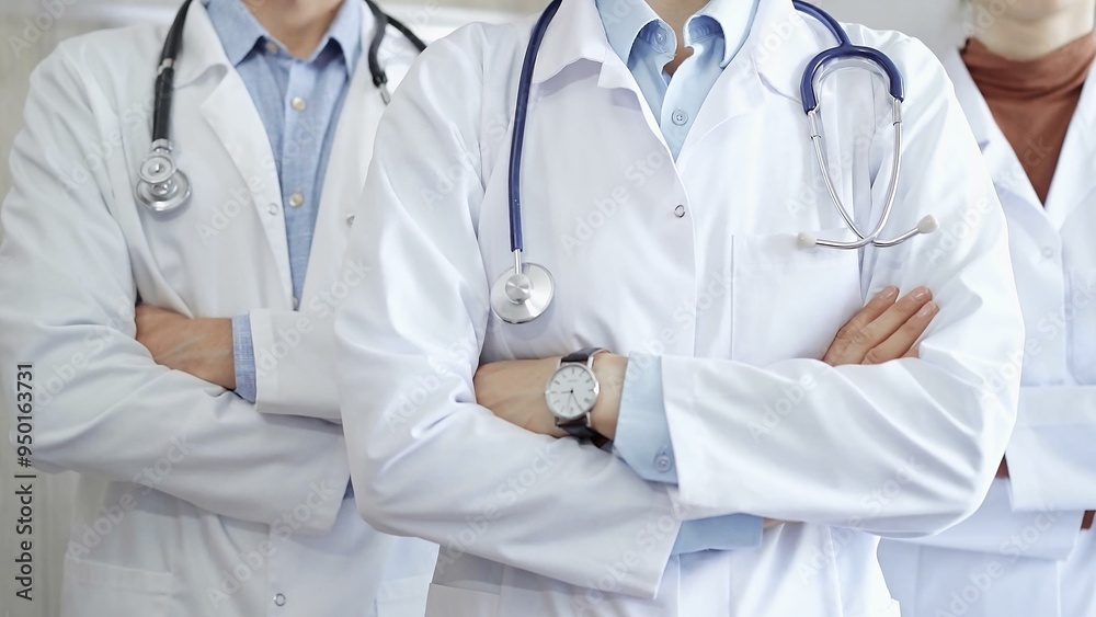 Group of doctors wearing white coats and stethoscopes standing with arms crossed. Medical team at work