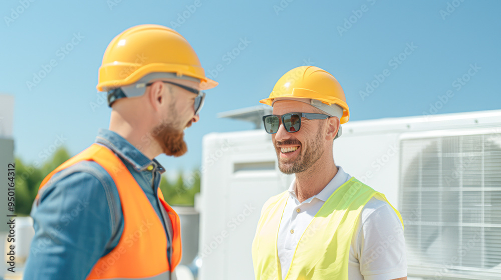 Industrial Engineer Discussing Solar-Powered Air Conditioning Benefits with Client in Installation Setting
