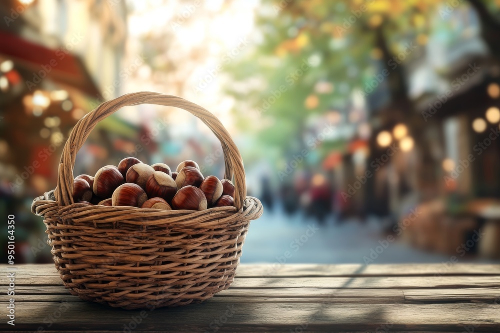 vibrant chestnuts in a wicker basket on a wooden table, with a blurred background of a french market illustration vibrant chestnuts in a wicker basket on a wooden table, with a blurred background of a french market illustration
