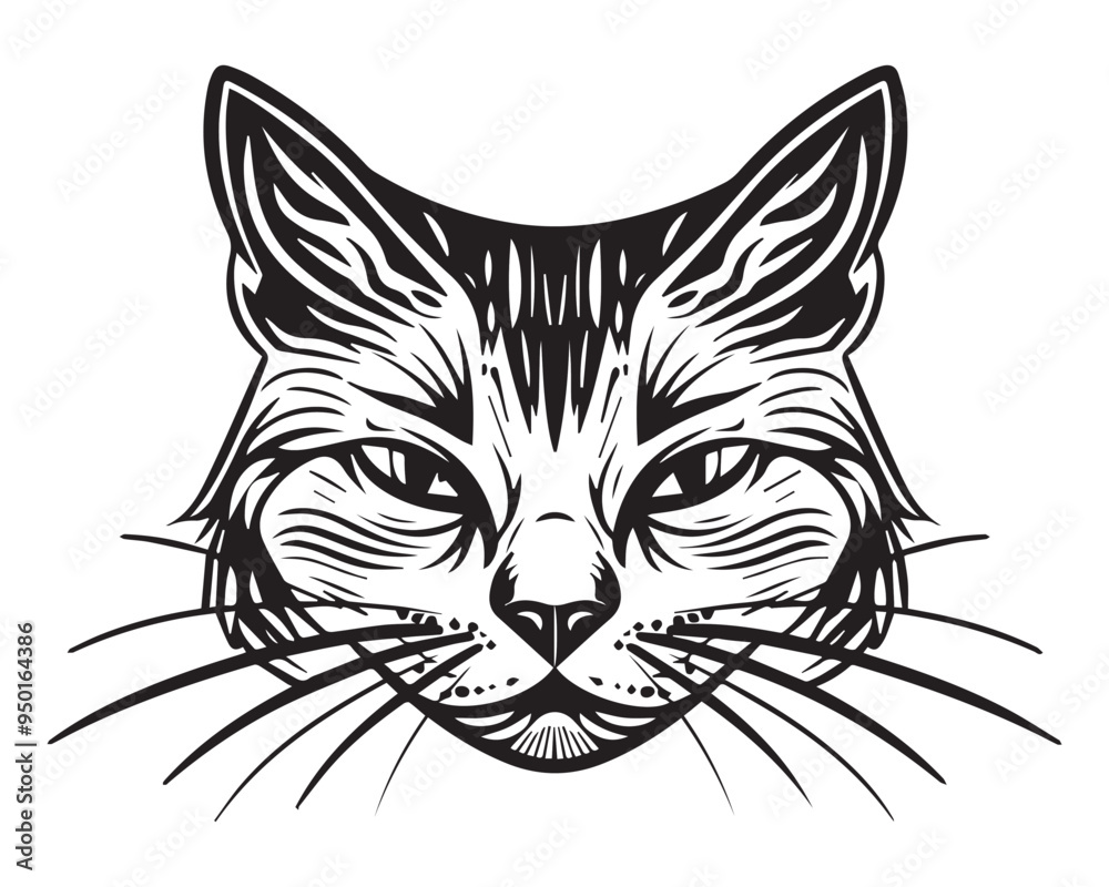 Obraz premium Cat Face Illustration in Black and White Vintage Woodcut Style Vector Drawing