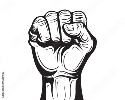 Clenched Fist Illustration in Black and White Vintage Woodcut Style Vector Drawing
