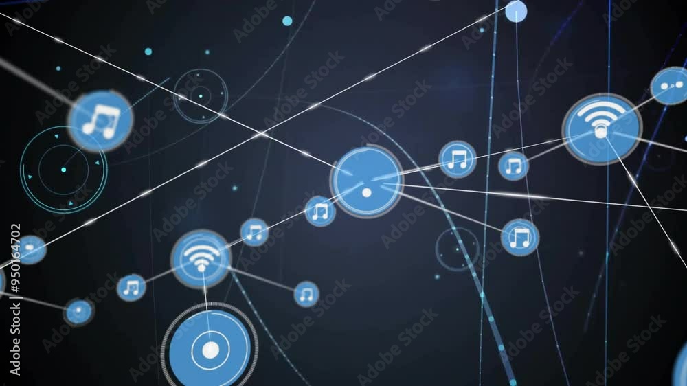 Music and Wi-Fi icons connected by lines, network connectivity animation Music and Wi-Fi icons connected by lines, network connectivity animation