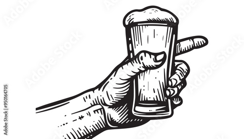 Hand-Drawn Hand Holding Beer Glass Vector Illustration in Vintage Engraved Style