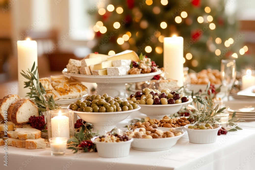 Naklejka premium A festive holiday buffet spread featuring assorted cheeses, snacks, and candles at a cozy gathering with a decorated Christmas tree
