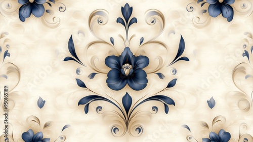 Elegant floral pattern design in blue tones on a soft beige background, perfect for textile and wallpaper applications.
