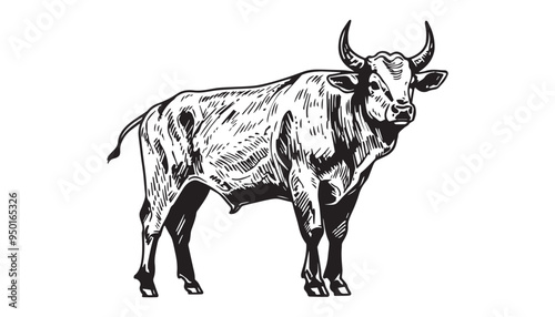 Bull Illustration in Black and White Vintage Woodcut Style Vector Drawing