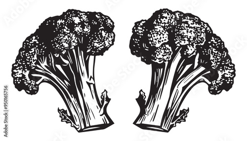 Hand-Drawn Broccoli Illustration in Black and White with Vintage Engraved Woodcut Style