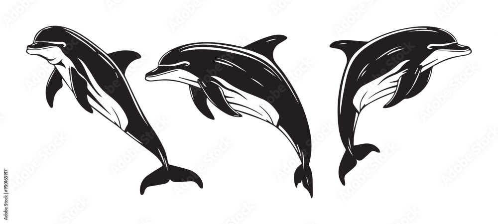 Naklejka premium Dolphins in Black and White Vintage Woodcut Style Vector Illustration Set