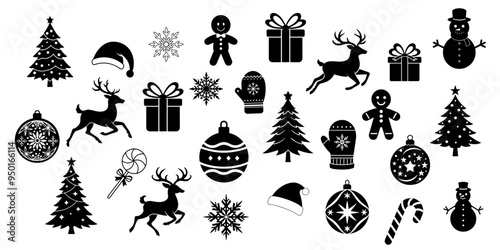 Big set of winter silhouette black, outline. Christmas tree, reindeer, ornaments, gingerbread, snowflake on white background.