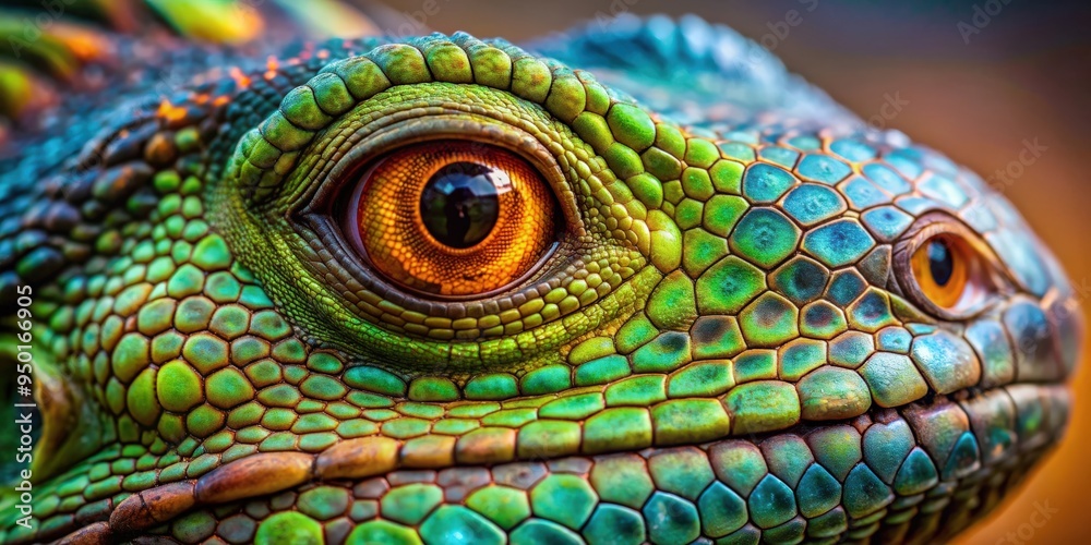 Fototapeta premium Close up of an iguana's eye reflecting light in vibrant colors, reptile, lizard, eye, scale, close up, wildlife, exotic, colorful