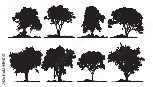 Collection of Tree Silhouettes in Various Shapes Isolated on White Background for Design