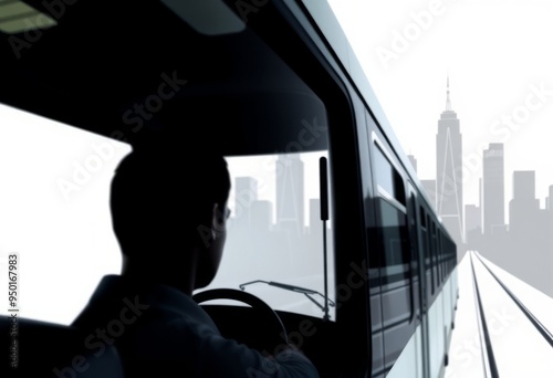 City Skyline A close up of the tram driver's gaze fixed on the c photo