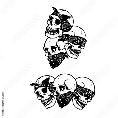 Hear Speak See Skull | 3 Bandana Skull | Skull | Dead Skull | Skeleton Head | Three Wise Skull | No Evil | Dead People | Original Illustration | Vector and Clipart | Cutfile and Stencil