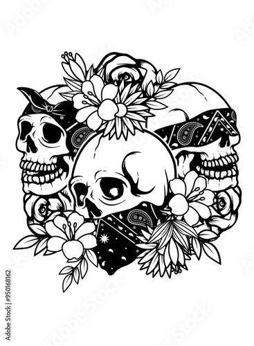 Floral Hear Speak See Skull | Flower Head Skull | 3 Bandana Skull | Skeleton Head | No Evil | Three Wise Skull | Horror Skull | Skull | Original Illustration | Vector and Clipart | Cutfile and Stencil