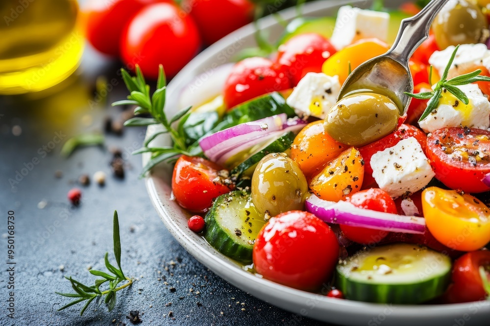 Fresh Mediterranean salad with colorful vegetables and olives served on a plate with a drizzle of olive oil