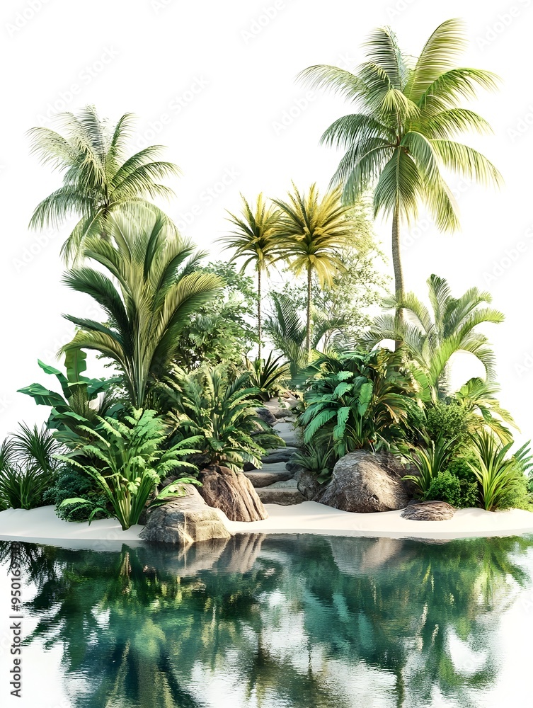 Fototapeta premium Tranquil Tropical Lagoon Oasis with Lush Foliage and Serene Azure Waters