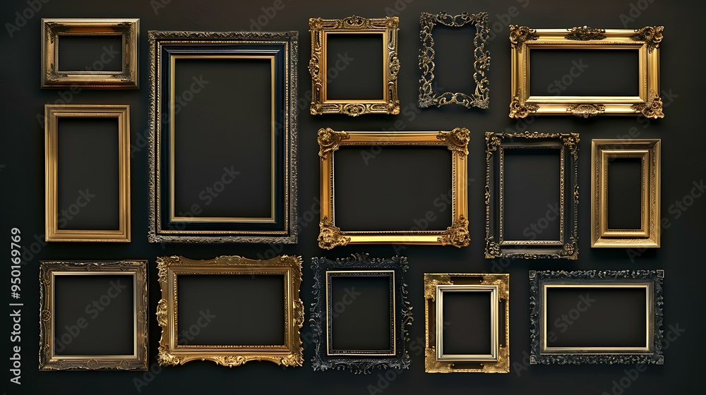 A collection of gold frames in various sizes and designs, arranged artistically against a dark background, creating a contrast that accentuates their shine.