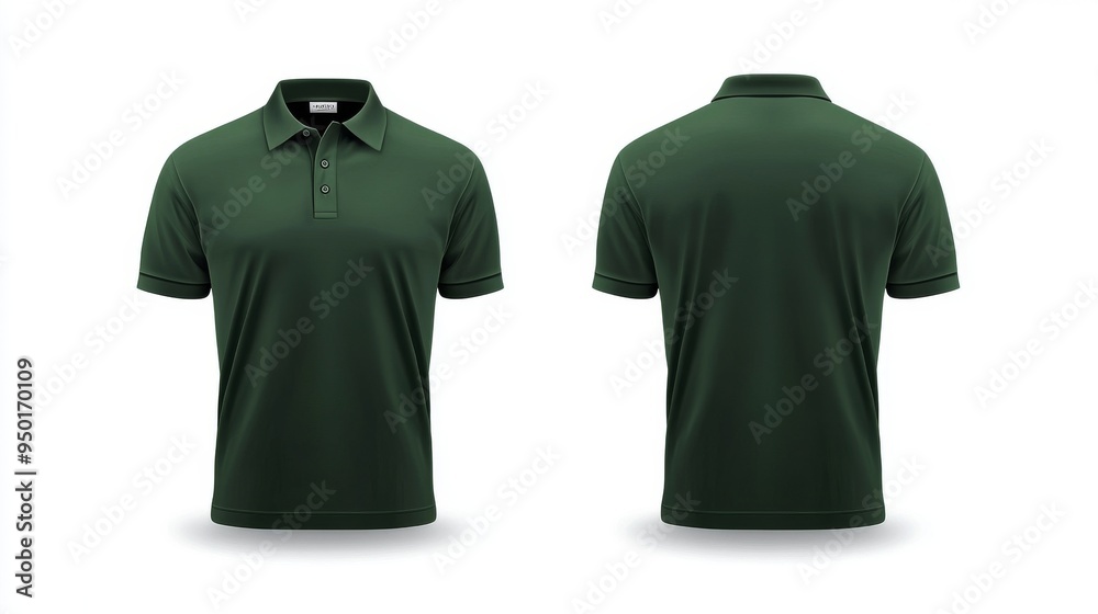 The front and back of a dark green polo shirt are mocked up, and they are cut out