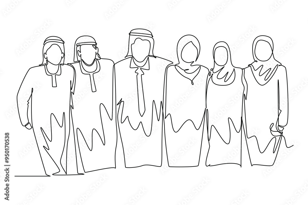 Continuous one line drawing friends forever. Hugging happy friendship with boys and girls standing together. Group of Arab friends, men, women good relationship. Single line design vector illustration Continuous one line drawing friends forever. Hugging happy friendship with boys and girls standing together. Group of Arab friends, men, women good relationship. Single line design vector illustration