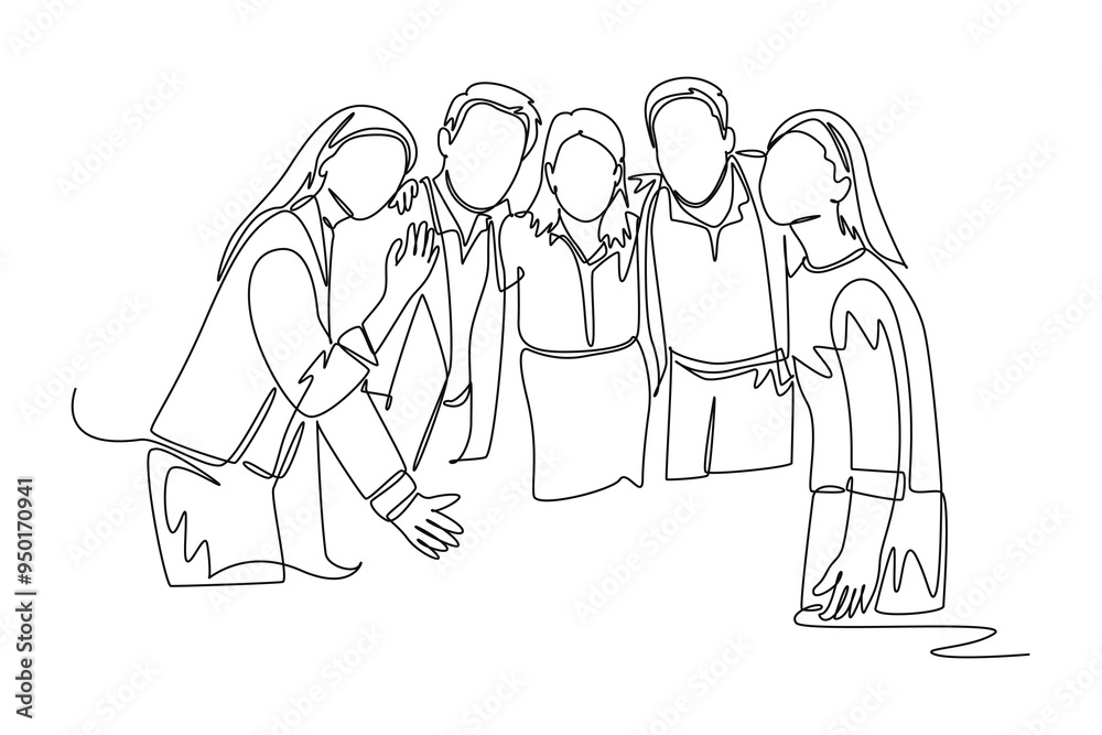 Continuous one line drawing of young male and female business people from multi ethnic standing together and posing elegantly. Unity in diversity. Single line draw design vector graphic illustration Continuous one line drawing of young male and female business people from multi ethnic standing together and posing elegantly. Unity in diversity. Single line draw design vector graphic illustration