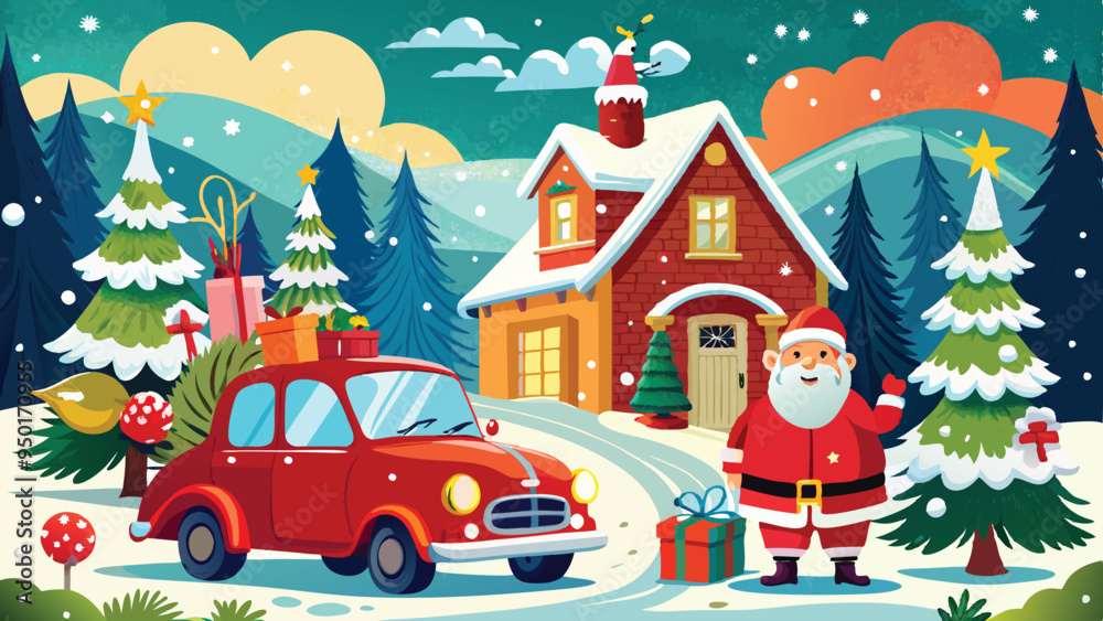 Naklejka premium Vintage Christmas and New Year. Winter nature with house, Christmas tree in cozy home and red retro car for greeting card, Vector illustration of Santa Claus, cover or poster